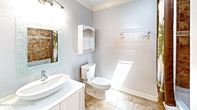 bathroom with a shower with shower curtain, tile patterned flooring, crown molding, toilet, and vanity