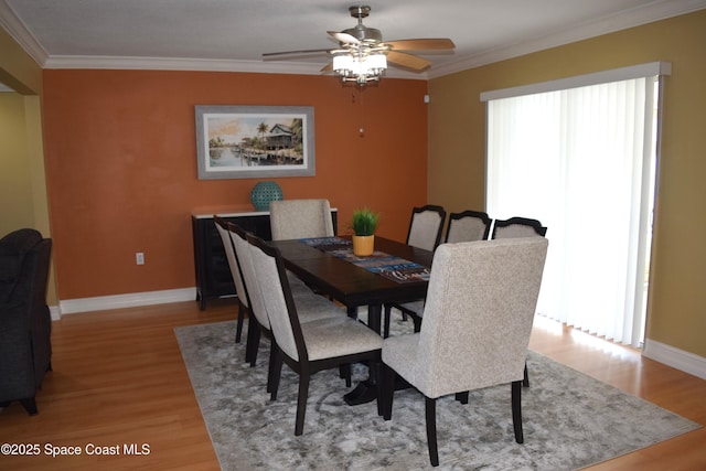 dining room featuring ceiling fan, light wood-type flooring, crown molding, and baseboards