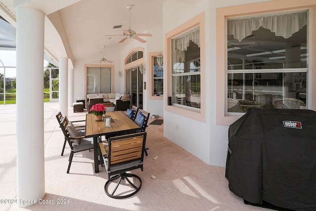 view of patio featuring ceiling fan and an outdoor living space