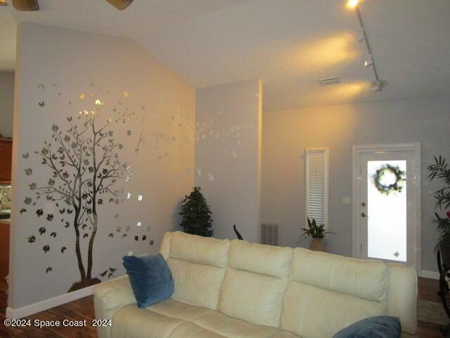 living room with hardwood / wood-style flooring, rail lighting, vaulted ceiling, and a textured ceiling