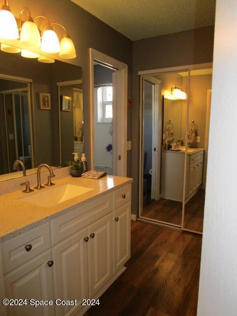 bathroom with a textured ceiling, vanity, and wood-type flooring