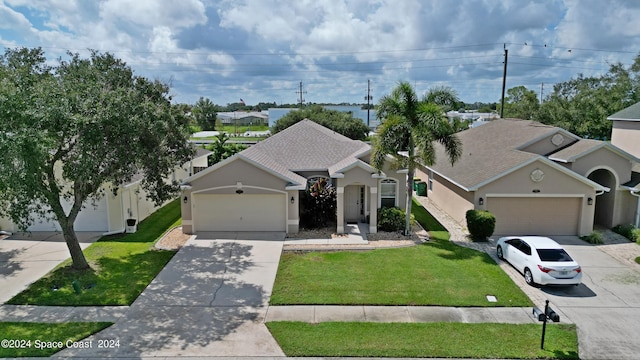 ranch-style home with a garage and a front lawn