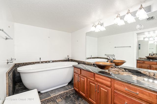 bathroom with vanity, a textured ceiling, and a bathing tub