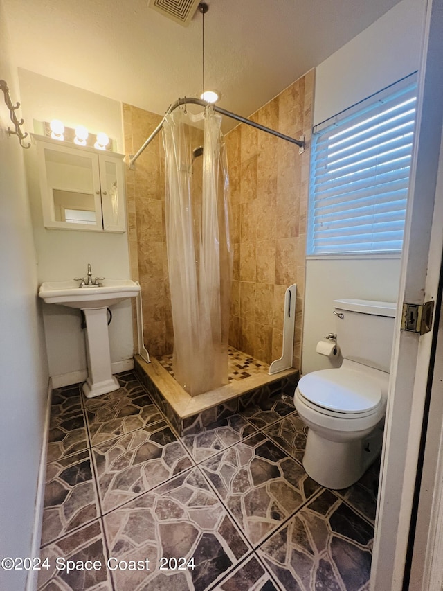 full bathroom featuring toilet, a shower stall, and a sink