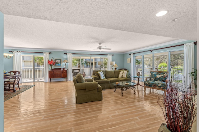 living area featuring light wood-style flooring, a textured ceiling, ceiling fan, and crown molding