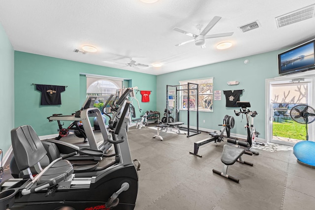 gym with ceiling fan and visible vents