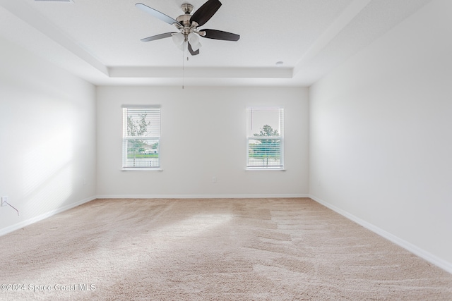 carpeted spare room with plenty of natural light, ceiling fan, and a tray ceiling