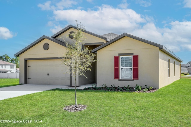 ranch-style home with a garage, concrete driveway, a front lawn, and stucco siding