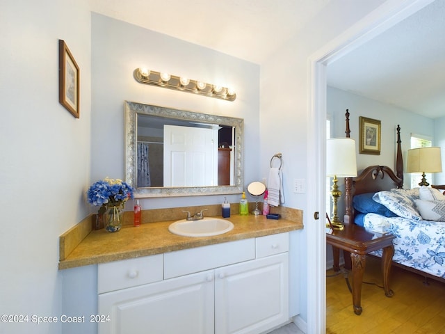 bathroom with hardwood / wood-style flooring and vanity