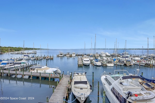 view of dock with a water view