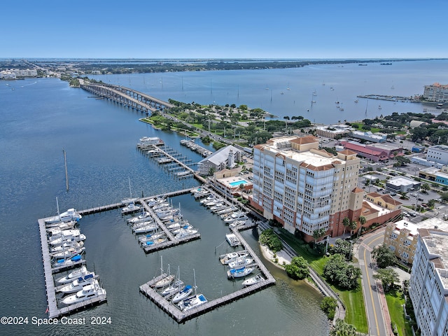 drone / aerial view with a water view