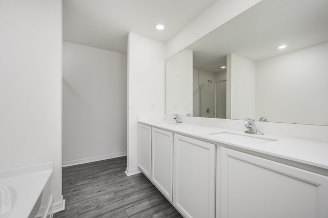 bathroom featuring double vanity, wood finished floors, a sink, and recessed lighting