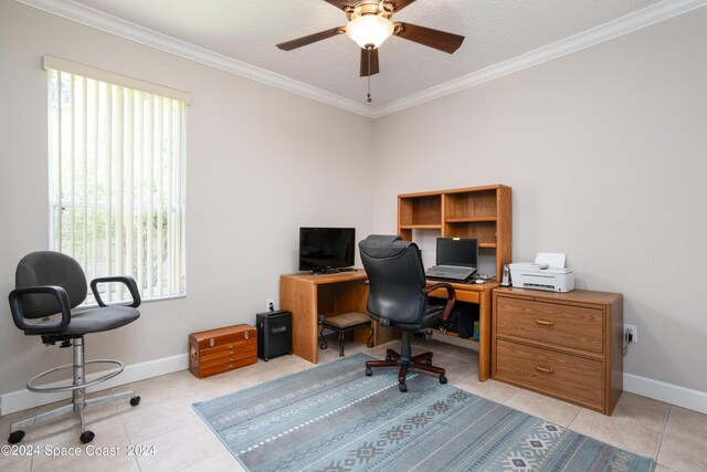 tiled home office featuring crown molding, a textured ceiling, and ceiling fan