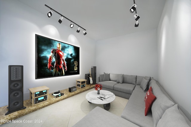 tiled home theater room with track lighting