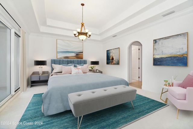 bedroom featuring light colored carpet, arched walkways, a raised ceiling, and visible vents