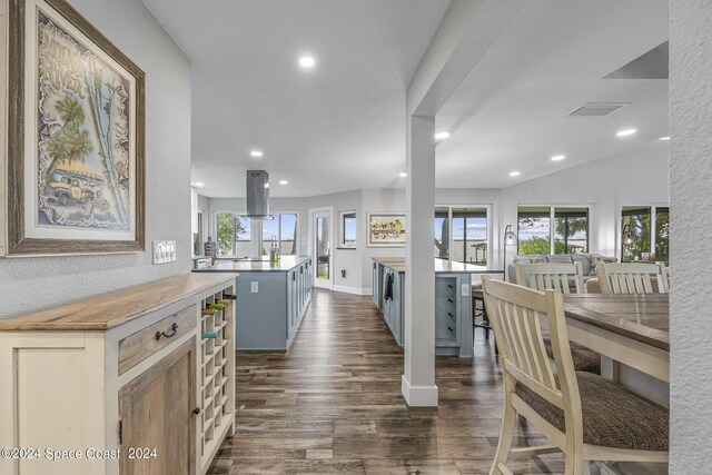 kitchen with dark hardwood / wood-style flooring, butcher block countertops, and lofted ceiling