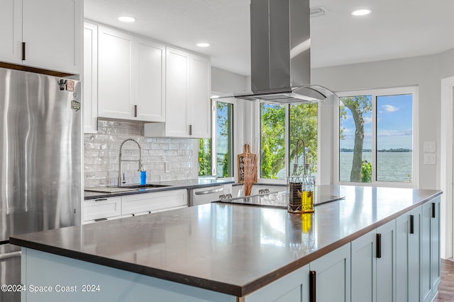 kitchen featuring hardwood / wood-style flooring, a center island, stainless steel appliances, sink, and island range hood