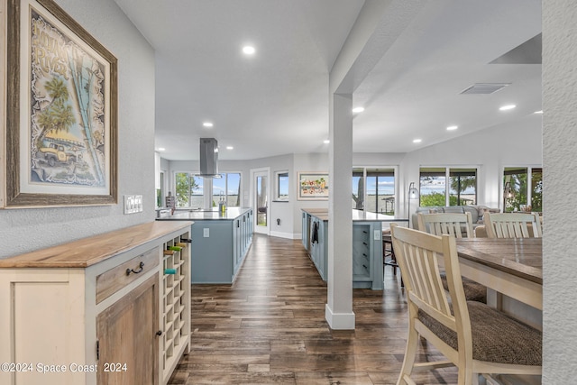 kitchen featuring vaulted ceiling, dark hardwood / wood-style floors, and butcher block countertops