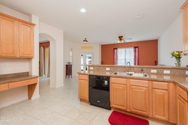 kitchen with sink, light brown cabinetry, ceiling fan, light tile patterned floors, and black dishwasher