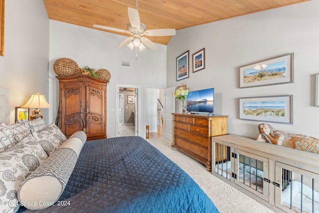 bedroom with high vaulted ceiling, wooden ceiling, light carpet, and visible vents