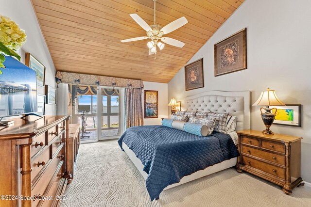 bedroom with wood ceiling, ceiling fan, light carpet, and access to outside