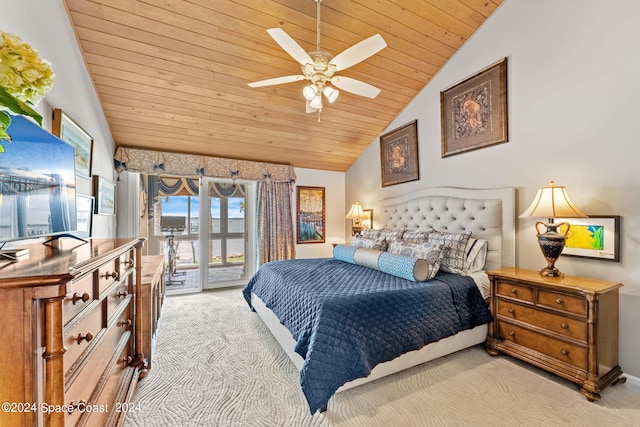 bedroom with access to exterior, wood ceiling, vaulted ceiling, and carpet flooring