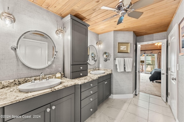 bathroom with wood ceiling, ceiling fan, and vanity