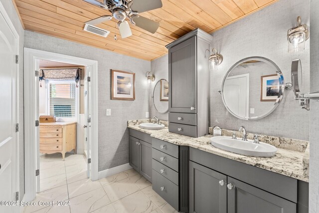 bathroom with vanity, ceiling fan, and wooden ceiling