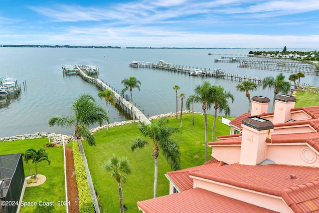 birds eye view of property with a water view