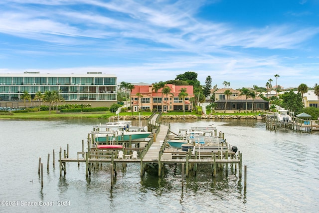 view of dock with a water view and boat lift