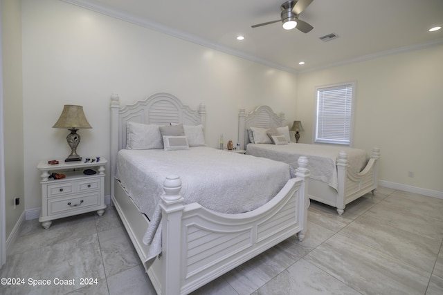 bedroom with ceiling fan, recessed lighting, visible vents, baseboards, and ornamental molding