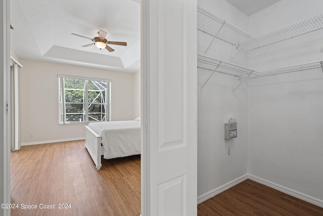 interior space featuring a raised ceiling, ceiling fan, and hardwood / wood-style flooring