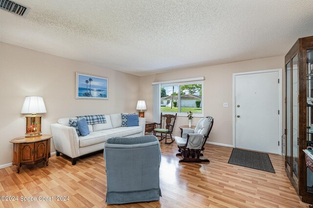 living room featuring a textured ceiling and light hardwood / wood-style floors