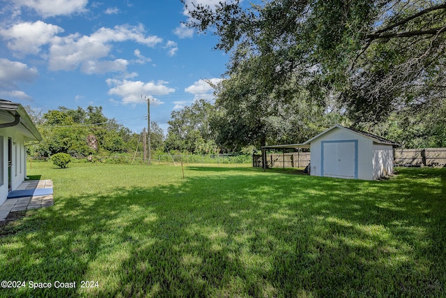 view of yard featuring a storage shed