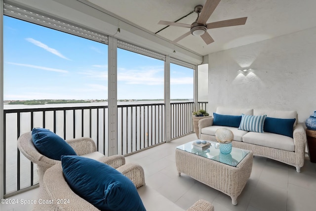 interior space featuring ceiling fan