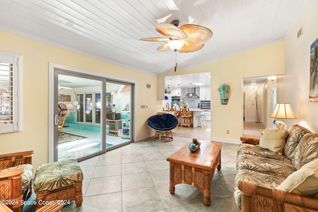 tiled living room featuring wooden ceiling, vaulted ceiling, ornamental molding, and ceiling fan