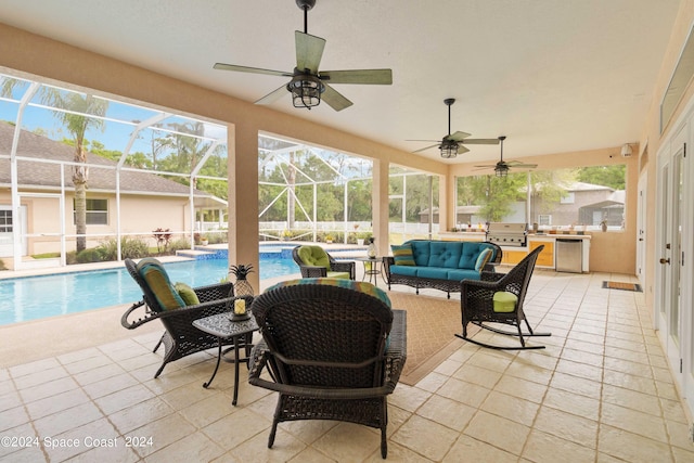 exterior space with ceiling fan and a swimming pool