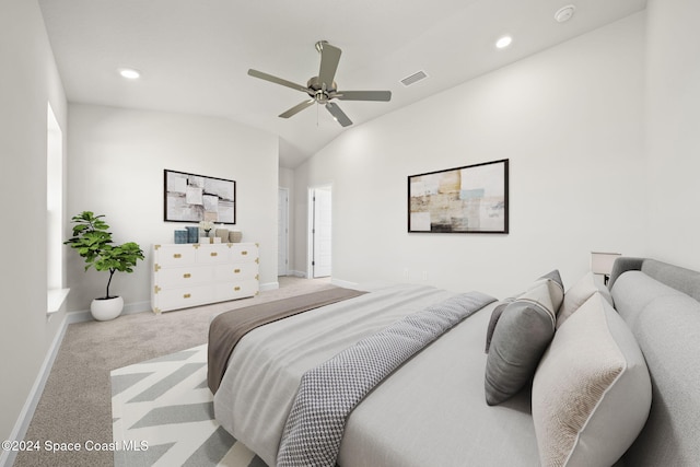 bedroom featuring light colored carpet, ceiling fan, and lofted ceiling