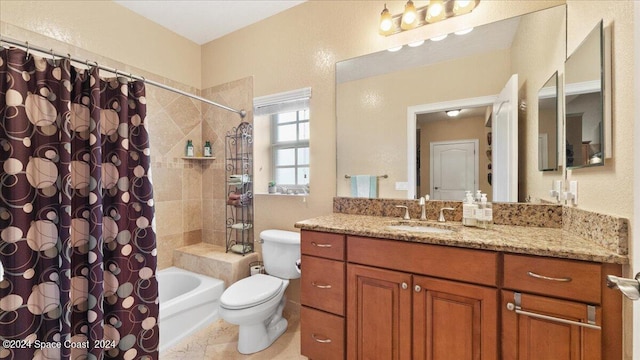 full bathroom with tile patterned floors, toilet, shower / tub combo with curtain, and vanity