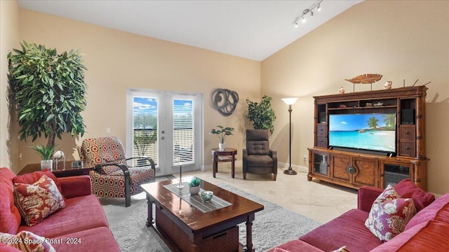 carpeted living room with lofted ceiling and track lighting