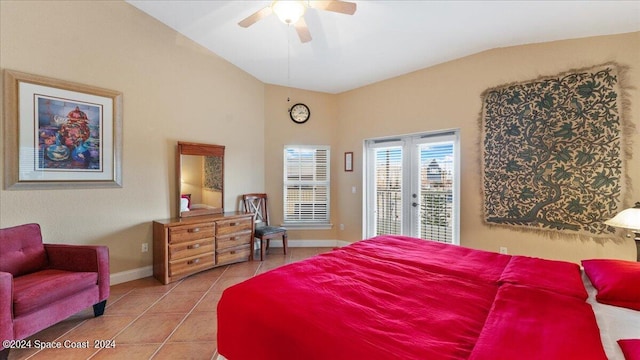 tiled bedroom featuring vaulted ceiling, french doors, access to exterior, and ceiling fan