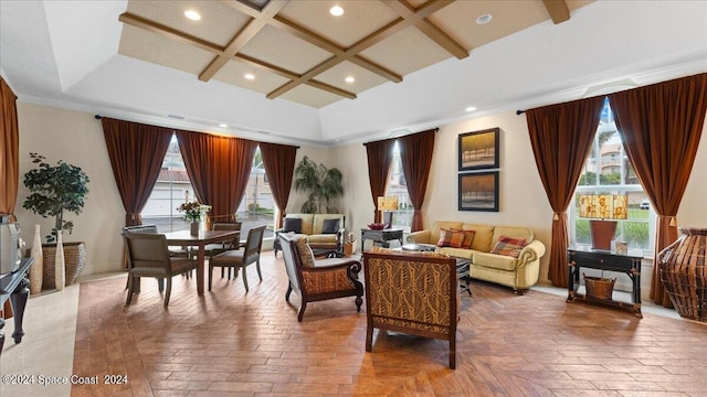 interior space with coffered ceiling and beamed ceiling