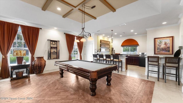 rec room with crown molding, beamed ceiling, billiards, and light hardwood / wood-style floors