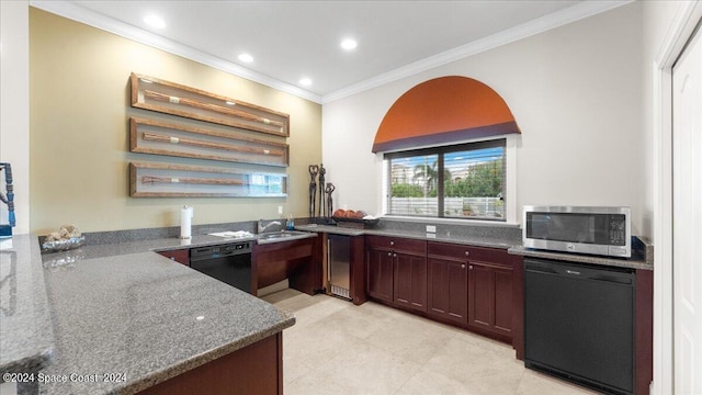 kitchen featuring dark stone countertops, black dishwasher, and crown molding