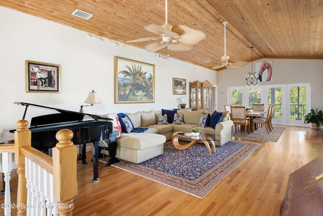 5280 95th St, Sebastian, FL 32958 - living area with wooden ceiling, wood finished floors, a ceiling fan, and high vaulted ceiling