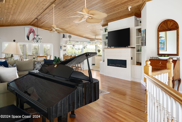 5280 95th St, Sebastian, FL 32958 - living area with wood ceiling, wood finished floors, healthy amount of natural light, ceiling fan, and a fireplace