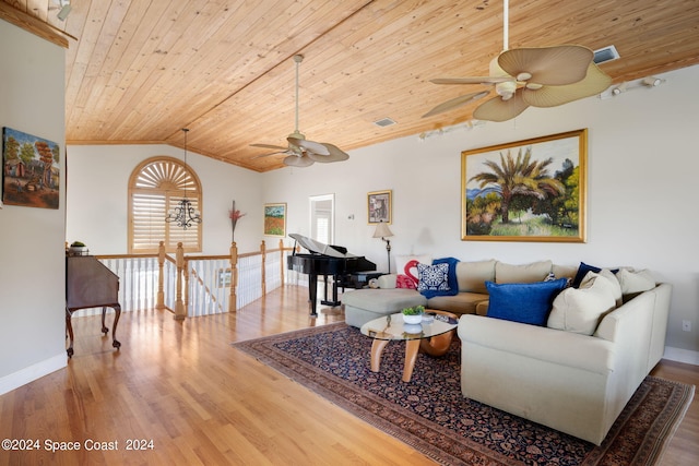 5280 95th St, Sebastian, FL 32958 - living area with ceiling fan, wood ceiling, wood finished floors, and vaulted ceiling