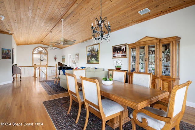 5280 95th St, Sebastian, FL 32958 - dining room featuring a ceiling fan, a chandelier, wood ceiling, light wood finished floors, and lofted ceiling