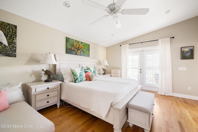 5280 95th St, Sebastian, FL 32958 - bedroom with access to outside, lofted ceiling, light wood finished floors, and ceiling fan