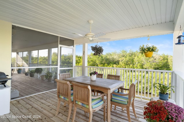 5280 95th St, Sebastian, FL 32958 - wooden deck featuring ceiling fan, outdoor dining area, and a grill